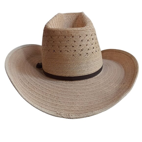 Vintage 6 7/8 Straw Western Cowboy Hat W/ Brown Band Ventilated Crown Natural - Picture 4 of 11
